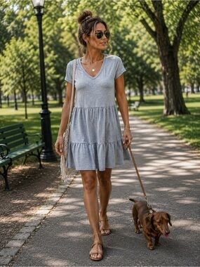 🛍️💃🏼 Jane and Delancey Mineral Wash Grey-Blue V-Neck Tiered Mini Dress